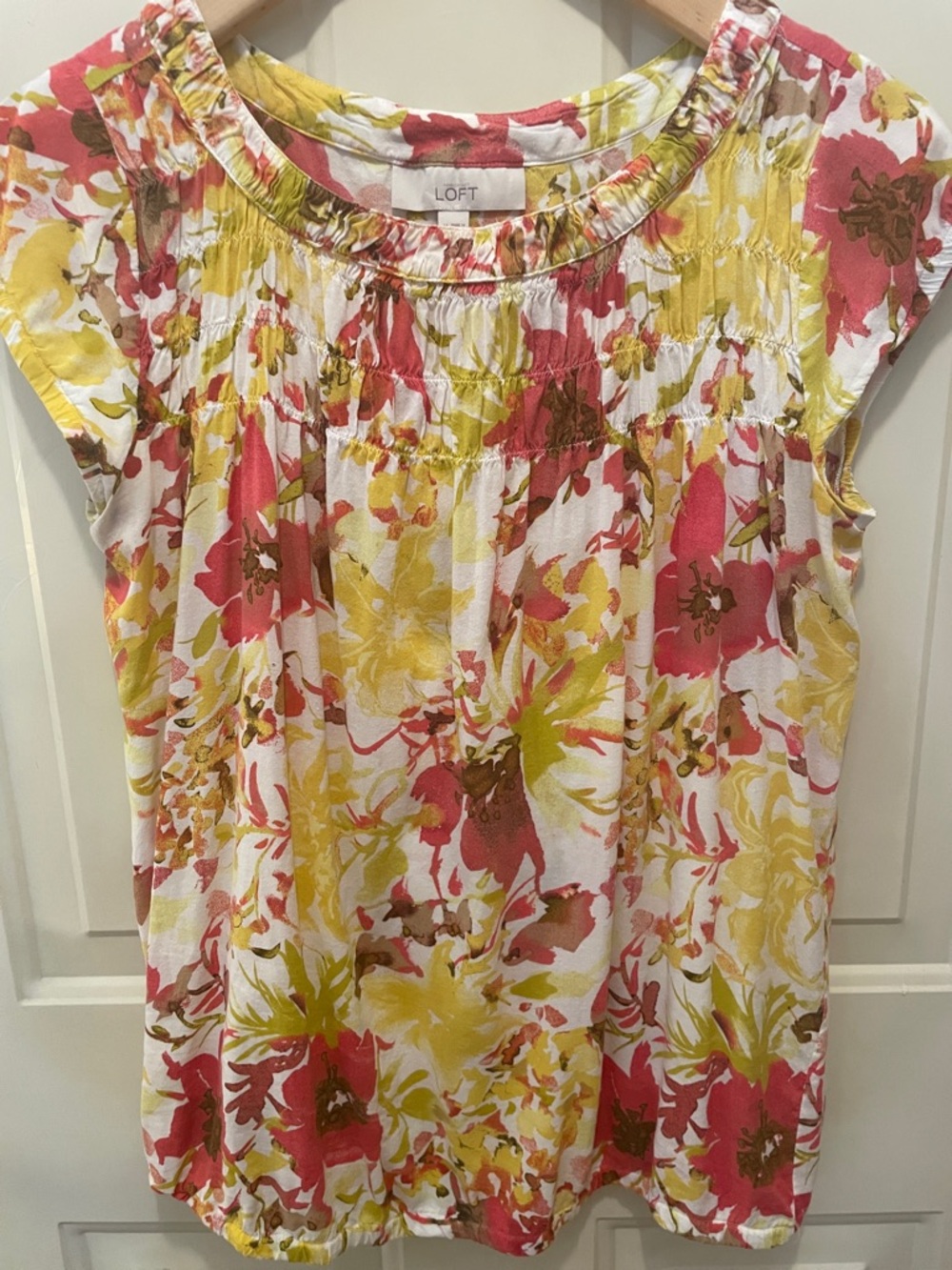 LOFT Pink, Yellow & Cream Floral Cap-Sleeve Blouse